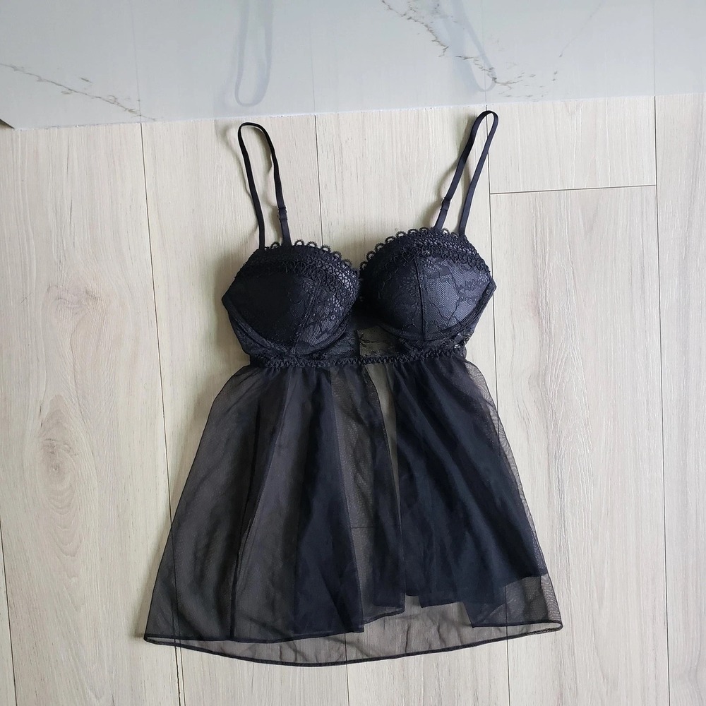 Victorias Secret Babydoll Womens 34C Black Lace Mesh Sheer Nightie